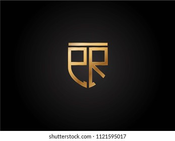 PR shield shape Letter Design in gold color
