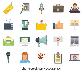 Juego de iconos especializados en relaciones públicas. Conjunto plano de iconos vectoriales especializados en relaciones públicas aislados en fondo blanco