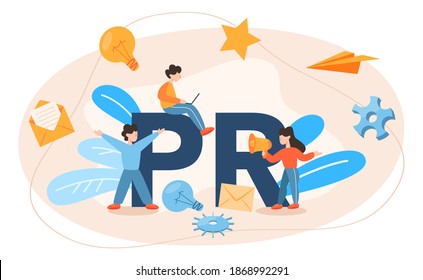 PR typographic header. Commercial advertisement and communication with customer idea. Marketing specialist create unique brand of a company. Isolated flat vector illustration