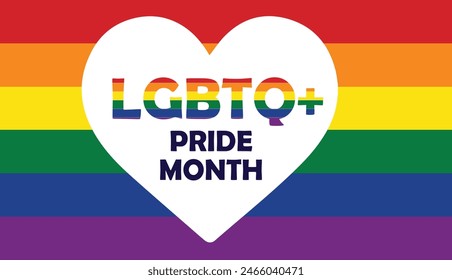 Pr1de Month Banner Vector Illustration with LGBTQ Gay Pr1de Flag Colors. Love Heart Shape with LGBTQ+ Pr1de Month Colorful Text.