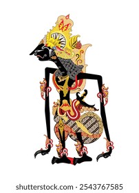 Prabu Kresna shadow puppet, Traditional Indonesian wayang kulit performance art, illustration style.