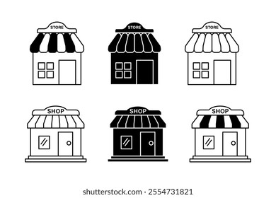 Practical Icons of Shop Store Front Views for Marketing Professionals, Timeless Collection of Retail Store Front Icons for Designers, shop, store, market, products, business, ecommerce, marketplace