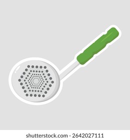 Practical Kitchen Skimmer Sticker. Functional vector illustration of a kitchen skimmer with a green handle, ideal for straining and lifting food from liquids