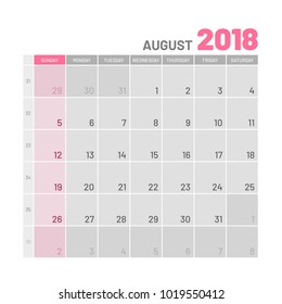 Practical light-colored planner, 2018, August, flat. Useful calendar for taking every day notes. Vector illustration