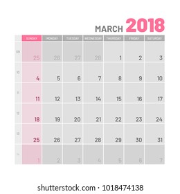 Practical light-colored planner, 2018, march, flat. Useful calendar for taking every day notes. Vector illustration