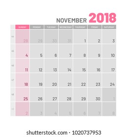Practical light-colored planner, 2018 November, flat. Useful calendar for taking every day notes. Vector illustration