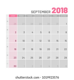 Practical light-colored planner, 2018 September, flat. Useful calendar for taking every day notes. Vector illustration