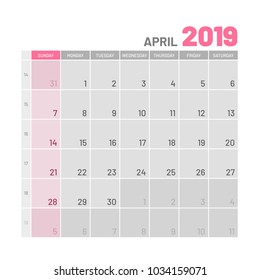 Practical light-colored planner, 2019, April, flat. Useful calendar for taking every day notes. Vector illustration