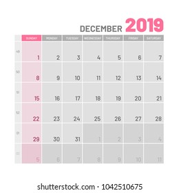 Practical light-colored planner, 2019 December, flat. Useful calendar for taking every day notes. Vector illustration