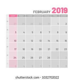 Practical light-colored planner, 2019, February, flat. Useful calendar for taking every day notes. Vector illustration