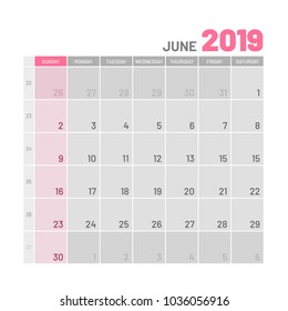 Practical light-colored planner, 2019, June, flat. Useful calendar for taking every day notes. Vector illustration