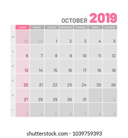 Practical light-colored planner, 2019 October, flat. Useful calendar for taking every day notes. Vector illustration