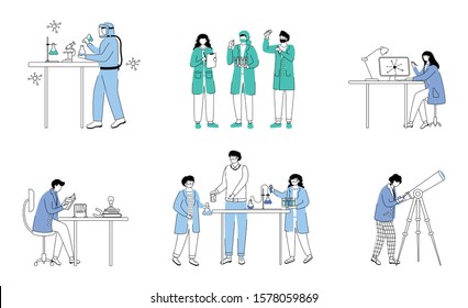 Practical science flat contour vector illustration set. Chemistry activities in school. Conducting experiments. Studying biology, chemistry isolated cartoon outline character on white background