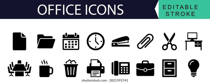 A practical set of glyph icons for office environments, including documents, folders, calendars, communication tools, and desktop essentials for daily work.