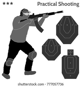 Practical shooting man aiming the rifle at the firing range and three kinds of rifle targets. Will be perfect for logo, banner, poster, postcard.