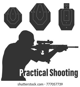 Practical shooting man aiming the rifle at the firing range and three kinds of rifle targets. Will be perfect for logo, banner, poster, postcard.