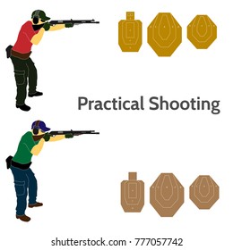Practical shooting man aiming the rifle at the firing range and three kinds of rifle targets. Will be perfect for logo, banner, poster, postcard.
