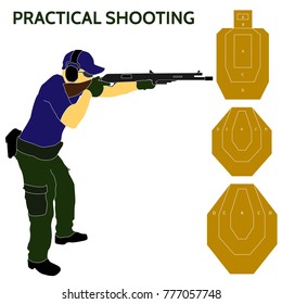 Practical shooting man aiming the rifle at the firing range and three kinds of rifle targets. Will be perfect for logo, banner, poster, postcard.