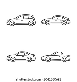 Practical sports cars linear icons set. Hatchback model. Sports sedan. Coupe automobile. Cabriolet. Customizable thin line contour symbols. Isolated vector outline illustrations. Editable stroke