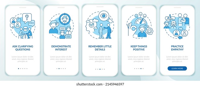 Practical steps to build charisma blue onboarding mobile app screen. Walkthrough 5 steps graphic instructions pages with linear concepts. UI, UX, GUI template. Myriad Pro-Bold, Regular fonts used