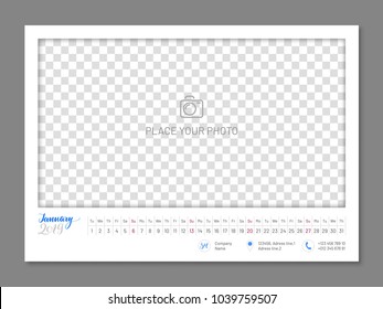 Practical wall planner, 2019 January, flat. Useful calendar for taking every day notes with copyspace. Vector illustration