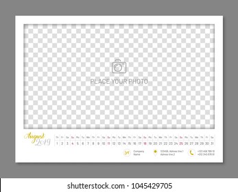 Practical wall planner, August 2019 year, flat. Useful calendar for taking every day notes with copyspace. Vector illustration