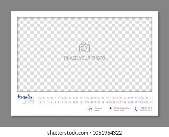Practical wall planner, December 2019 year, flat. Useful calendar for taking every day notes with copyspace. Vector illustration
