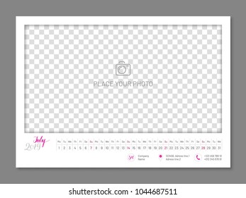 Practical wall planner, july 2019 year, flat. Useful calendar for taking every day notes with copyspace. Vector illustration