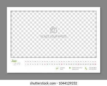 Practical wall planner, june 2019 year, flat. Useful calendar for taking every day notes with copyspace. Vector illustration