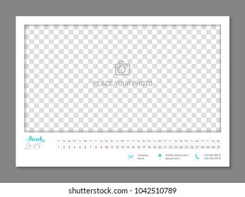 Practical wall planner, march 2019 year, flat. Useful calendar for taking every day notes with copyspace. Vector illustration