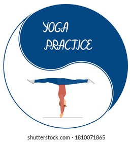 Practical yoga exercises for men. Round logo for sports design in white and blue. Vector in a flat style. The man is doing yoga.