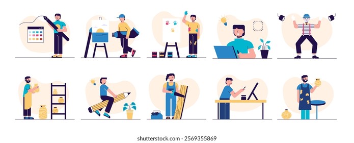 Practice art skills, various hobby activities. Character design. Vector flat illustration