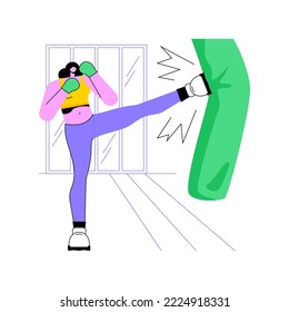 Practice blows isolated cartoon vector illustrations. Young sporty girl practices kickboxing in the gym, training alone, hit punching bag, make blows wearing special gloves vector cartoon.