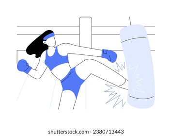 Practice blows isolated cartoon vector illustrations. Young sporty girl practices kickboxing in the gym, training alone, hit punching bag, make blows wearing special gloves vector cartoon.
