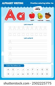 Practice coloring the letter Aa. Draw the uppercase and lowercase letter A. Kindergarten letter drawing practice exercises for children learning English with cute cartoon animals. Coloring books for p