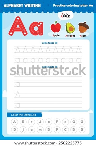 Practice coloring the letter Aa. Draw the uppercase and lowercase letter A. Kindergarten letter drawing practice exercises for children learning English with cute cartoon animals. Coloring books for p