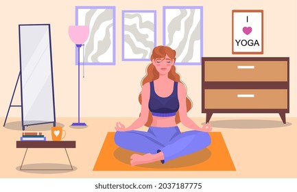 Practica la respiración profunda. Niña haciendo yoga en su apartamento. Meditación, estilo de vida saludable. Respiración abdominal, tranquilidad interior. Deportes en casa, tapete de goma. Dibujo vectorial plano de dibujos animados