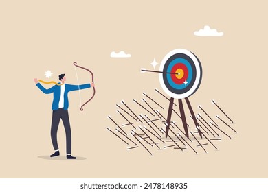 Practice develop success, effort to improve and achieve target, mistake, failure and discipline to keep practice and reach goal concept, businessman practicing archery with  mistakes until success.