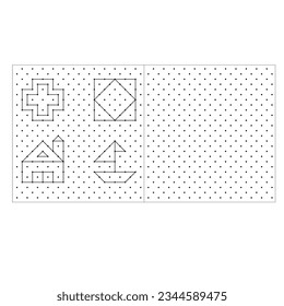 Practice exercise: Draw an isometric cube on each of these shapes using the dotted lines on a dots grid. Line drawing on a school math sheet with a white background, exploring the world of geometry.