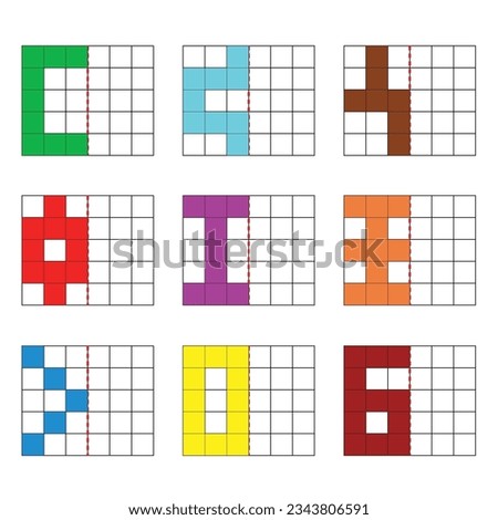 Practice exercise: Reflective symmetry in each of these shapes on a square grid. drawing on a school math sheet in the world of geometry.