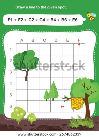 Practice following directions by drawing lines to the correct spots on the grid. Fun and Educational Worksheet for Preschool and Kindergarten Activities.