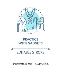 Practice with gadgets blue concept icon. Assistive devices for walking aid. Rehab euipment. Physiotherapy abstract idea thin line illustration. Vector isolated outline color drawing. Editable stroke