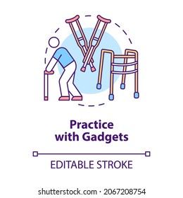 Practice with gadgets concept icon. Assistive devices for walking aid. Rehab euipment. Physiotherapy abstract idea thin line illustration. Vector isolated outline color drawing. Editable stroke