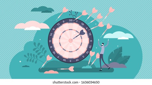 Practice and goal achievement determination concept. Flat tiny person playing darts, vector illustration. Personal work ethic and persistent endurance by putting in effort. Success mindset by overcoming challenges.