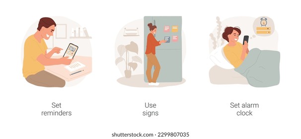 Practice good habits isolated cartoon vector illustration set. Set reminders, to-do list hanging at home, put reminder stickers on fridge, set alarm clock, create healthy routine vector cartoon.