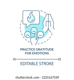 Practice gratitude for emotions turquoise concept icon. Calm content anxiety abstract idea thin line illustration. Isolated outline drawing. Editable stroke. Arial, Myriad Pro-Bold fonts used