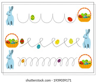 Practice handwriting, circle the line. Easter eggs, Easter basket, Easter bunny. Vector isolated on a white background