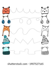 Üben Sie Handschrift und Färbung für Kinder. Winterhüte. Entwickeln von Aufgaben, pädagogisches Kinderspiel, ein Blatt zum Drucken, Schreiben lernen. Vektorgrafik.