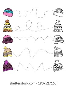 Practice handwriting and coloring for children. Winter hats. Developing tasks, educational children's game, a sheet for printing, learning to write. Vector illustration.