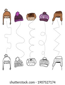 Practica la escritura a mano y el coloreo para los niños. Sombreros de invierno. Desarrollo de tareas, juegos educativos para niños, una hoja para imprimir, aprender a escribir. Ilustración vectorial.